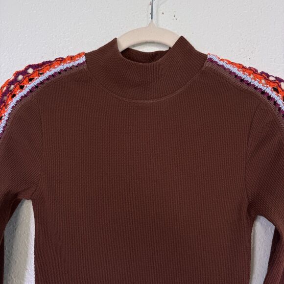 Free People Switch It Up Thermal Top Women XS Cocoa Brown Crochet Knit Layering - Picture 3 of 10
